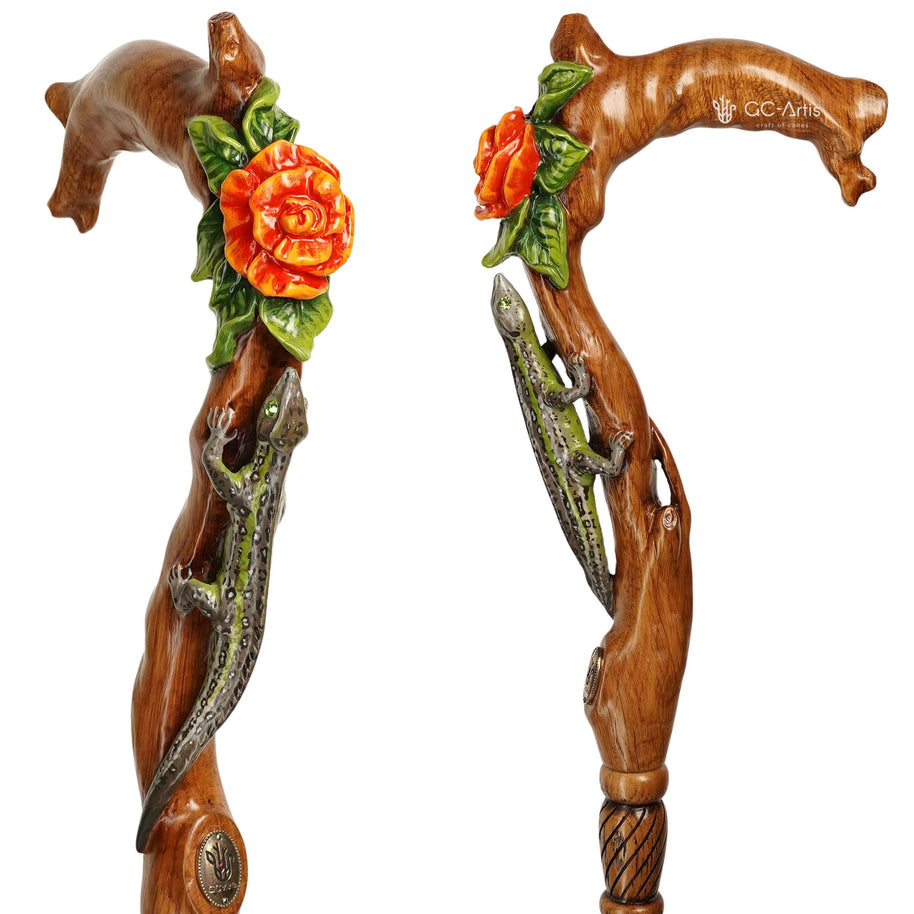 Hand Carved Lizard & Flower Walking Cane – Wooden Walking Stick, Gift for Women - GCArtis - Lux Hand Painted Canes - 