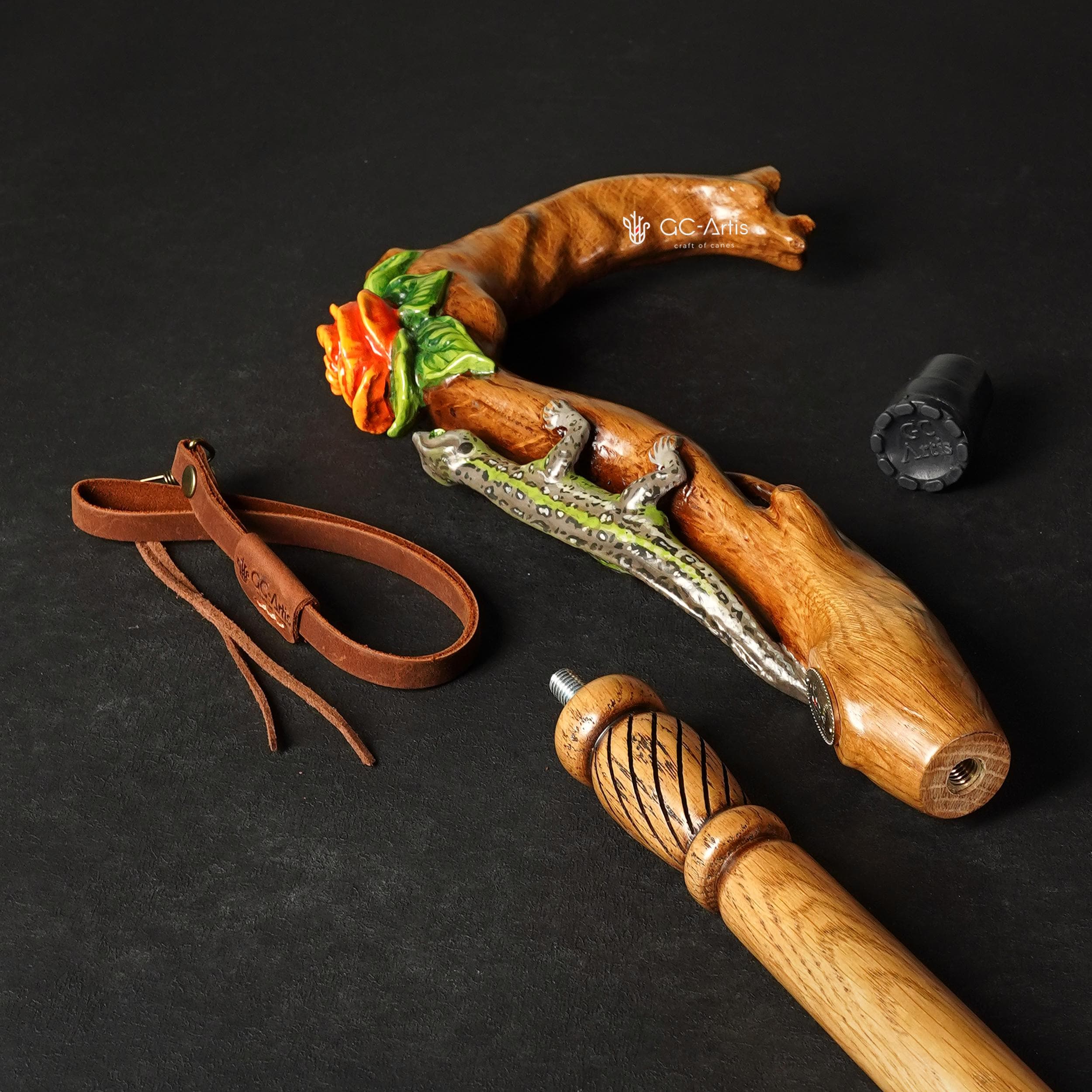 Hand Carved Lizard & Flower Walking Cane – Wooden Walking Stick, Gift for Women - GCArtis - Lux Hand Painted Canes - 