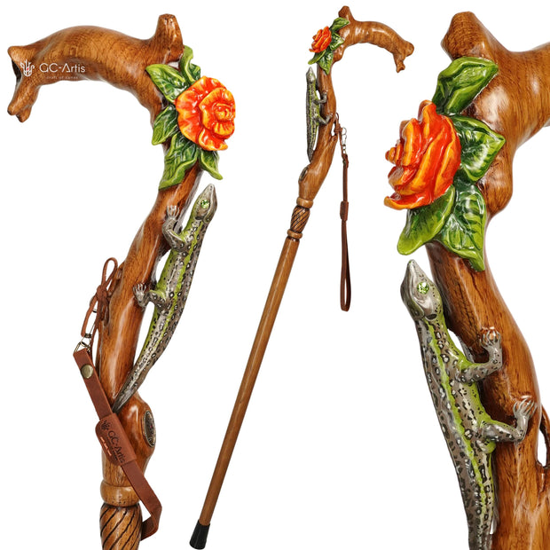 Hand Carved Lizard & Flower Walking Cane – Wooden Walking Stick, Gift for Women - GCArtis - Lux Hand Painted Canes - 