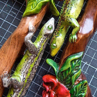 Hand Carved Iguana & Rose Flower Walking Cane – Elegant Wooden Stick - GCArtis - Lux Hand Painted Canes - 