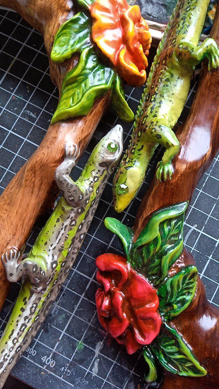 Hand Carved Iguana & Rose Flower Walking Cane – Elegant Wooden Stick - GCArtis - Lux Hand Painted Canes - 