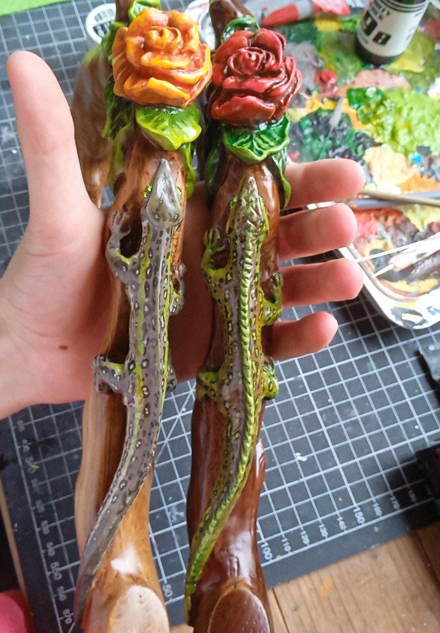 Hand Carved Iguana & Rose Flower Walking Cane – Elegant Wooden Stick - GCArtis - Lux Hand Painted Canes - 