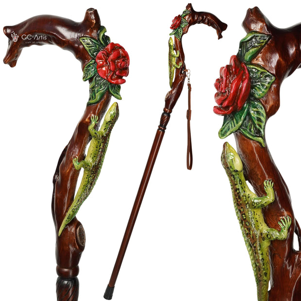 Hand Carved Iguana & Rose Flower Walking Cane – Elegant Wooden Stick - GCArtis - Lux Hand Painted Canes -