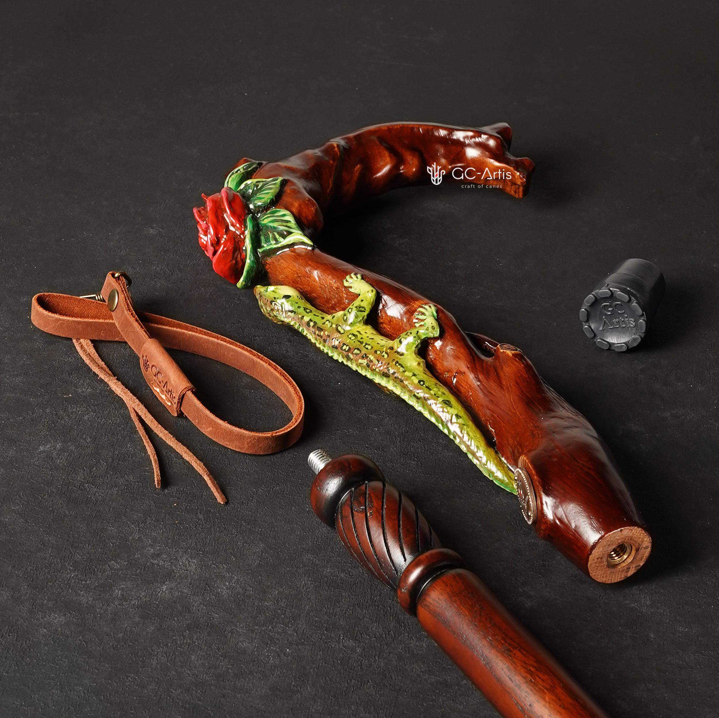 Hand Carved Iguana & Rose Flower Walking Cane – Elegant Wooden Stick - GCArtis - Lux Hand Painted Canes - 