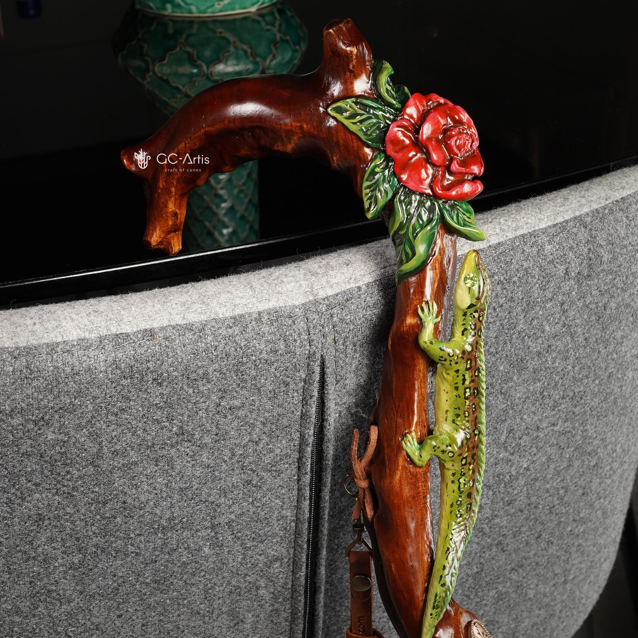 Hand Carved Iguana & Rose Flower Walking Cane – Elegant Wooden Stick - GCArtis - Lux Hand Painted Canes - 
