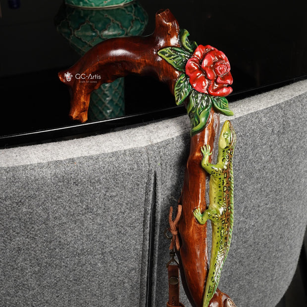 Hand Carved Iguana & Rose Flower Walking Cane – Elegant Wooden Stick - GCArtis - Lux Hand Painted Canes - 
