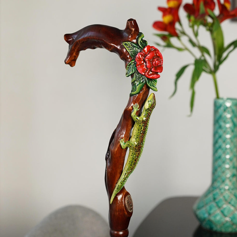 Hand Carved Iguana & Rose Flower Walking Cane – Elegant Wooden Stick - GCArtis - Lux Hand Painted Canes - 