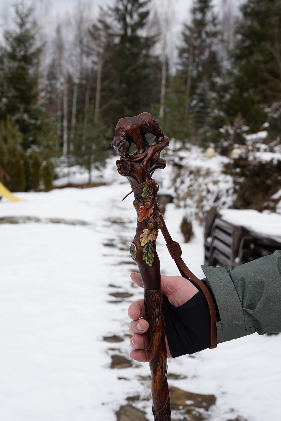 Hand Carved Bear Walking Staff, Hiking Stick: Wooden Cane for Wild Forest - GCArtis - Walking Stick Staff - 