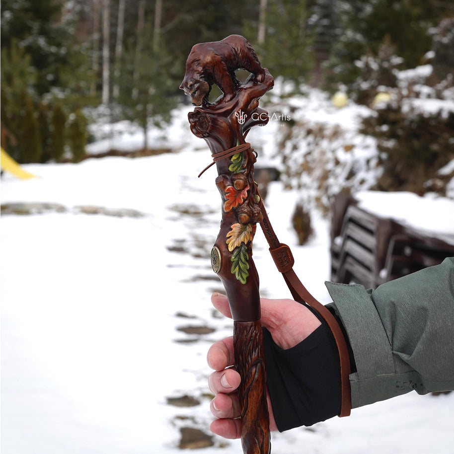 Hand Carved Bear Walking Staff, Hiking Stick: Wooden Cane for Wild Forest - GCArtis - Walking Stick Staff - 
