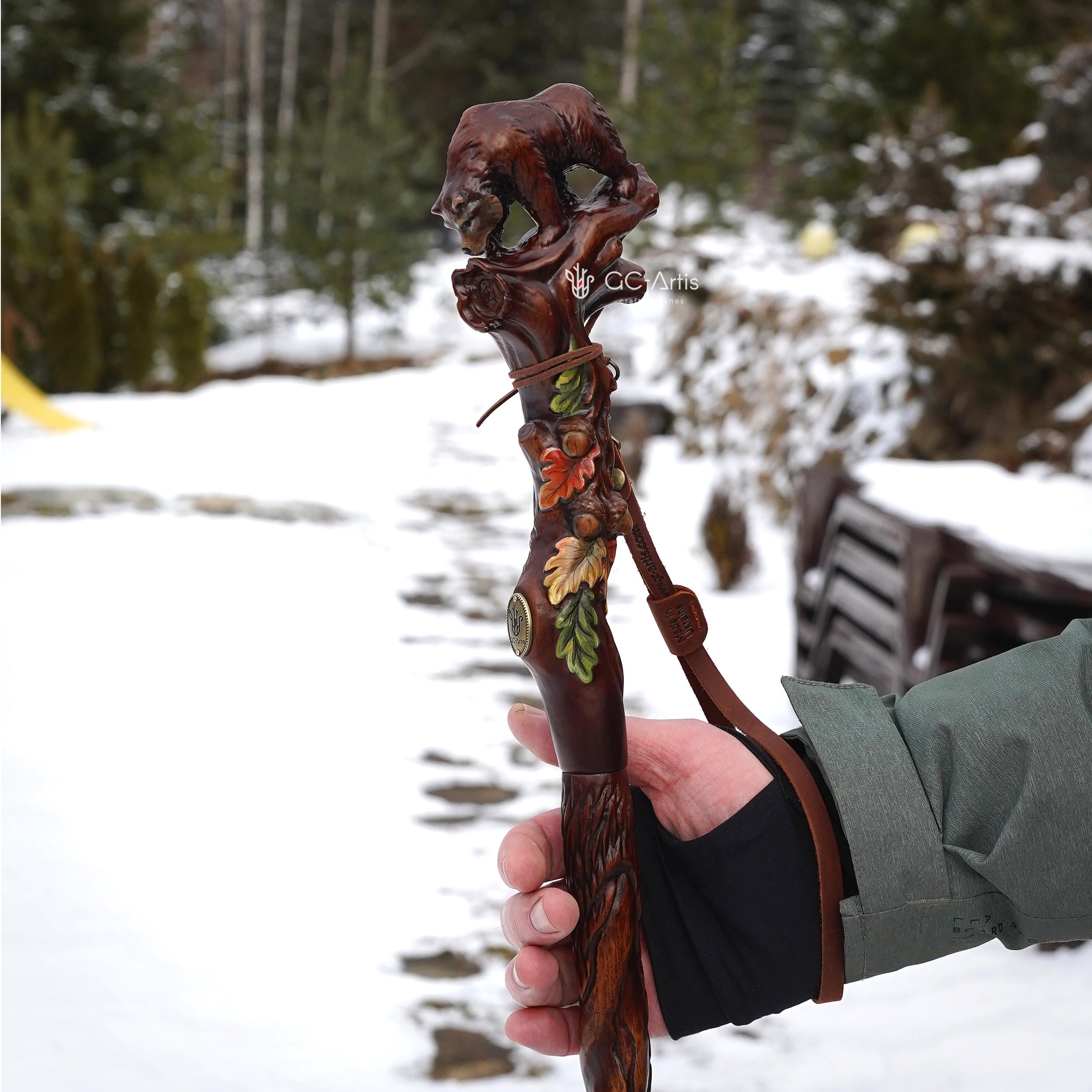 Hand Carved Bear Walking Staff, Hiking Stick: Wooden Cane for Wild Forest - GCArtis - Walking Stick Staff - 