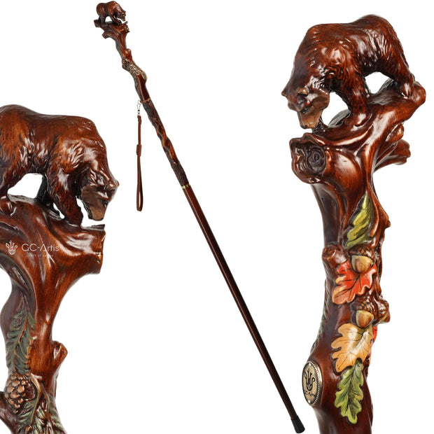 Hand Carved Bear Walking Staff, Hiking Stick: Wooden Cane for Wild Forest - GCArtis - Walking Stick Staff - 