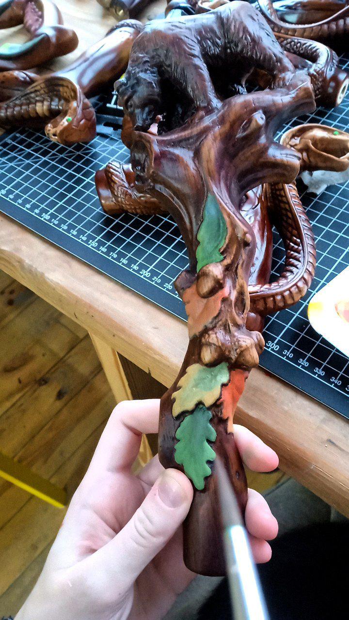 Hand Carved Bear Walking Staff, Hiking Stick: Wooden Cane for Wild Forest - GCArtis - Walking Stick Staff - 