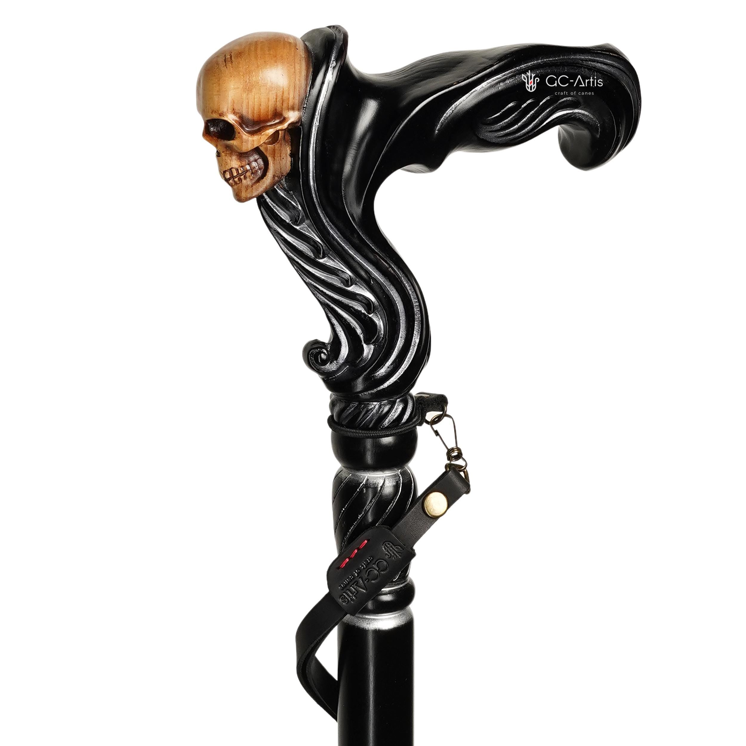 Skull Walking Cane - Ergonomic Wood Carved Gothic Cane - Black edition - GCArtis - Ergonomic Handle Canes - 