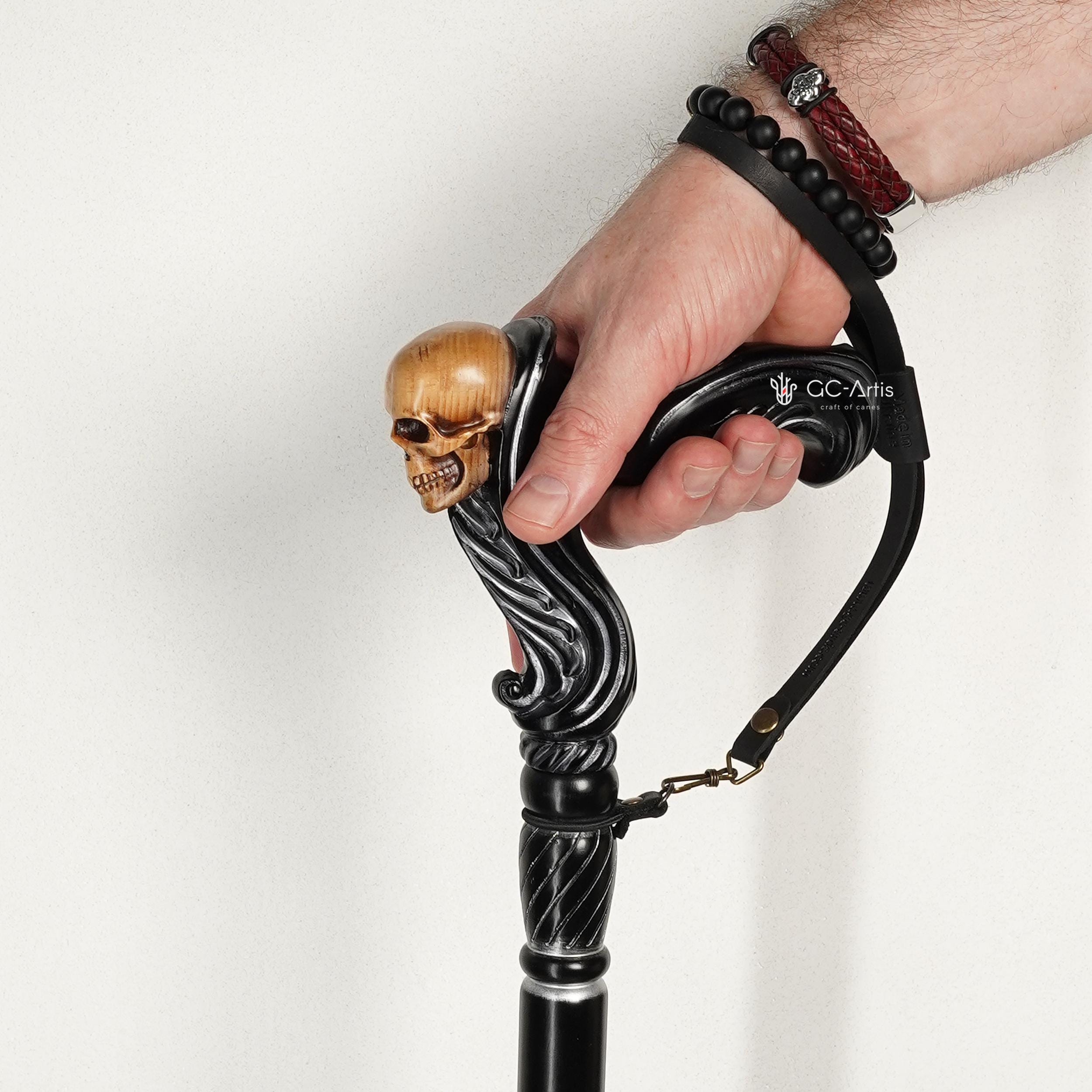 Skull Walking Cane - Ergonomic Wood Carved Gothic Cane - Black edition - GCArtis - Ergonomic Handle Canes - 