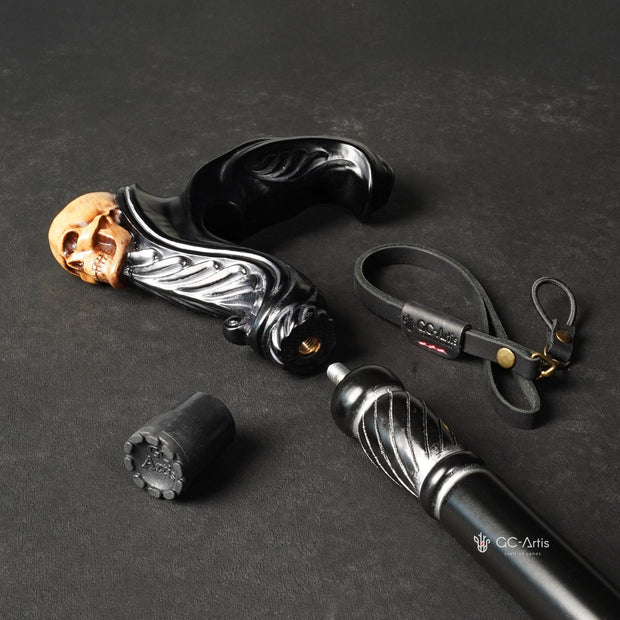 Skull Walking Cane - Ergonomic Wood Carved Gothic Cane - Black edition - GCArtis - Ergonomic Handle Canes -