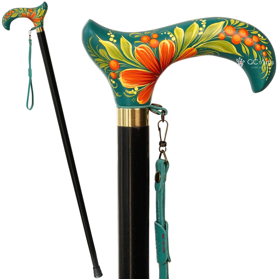 Hand-Painted Floral Walking Cane: Purple Marigold flowers, Marine Green Derby Handle - GCArtis - Flowered Ladies canes - 