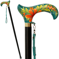 Hand-Painted Floral Walking Cane: Purple Marigold flowers, Marine Green Derby Handle - GCArtis - Flowered Ladies canes - 