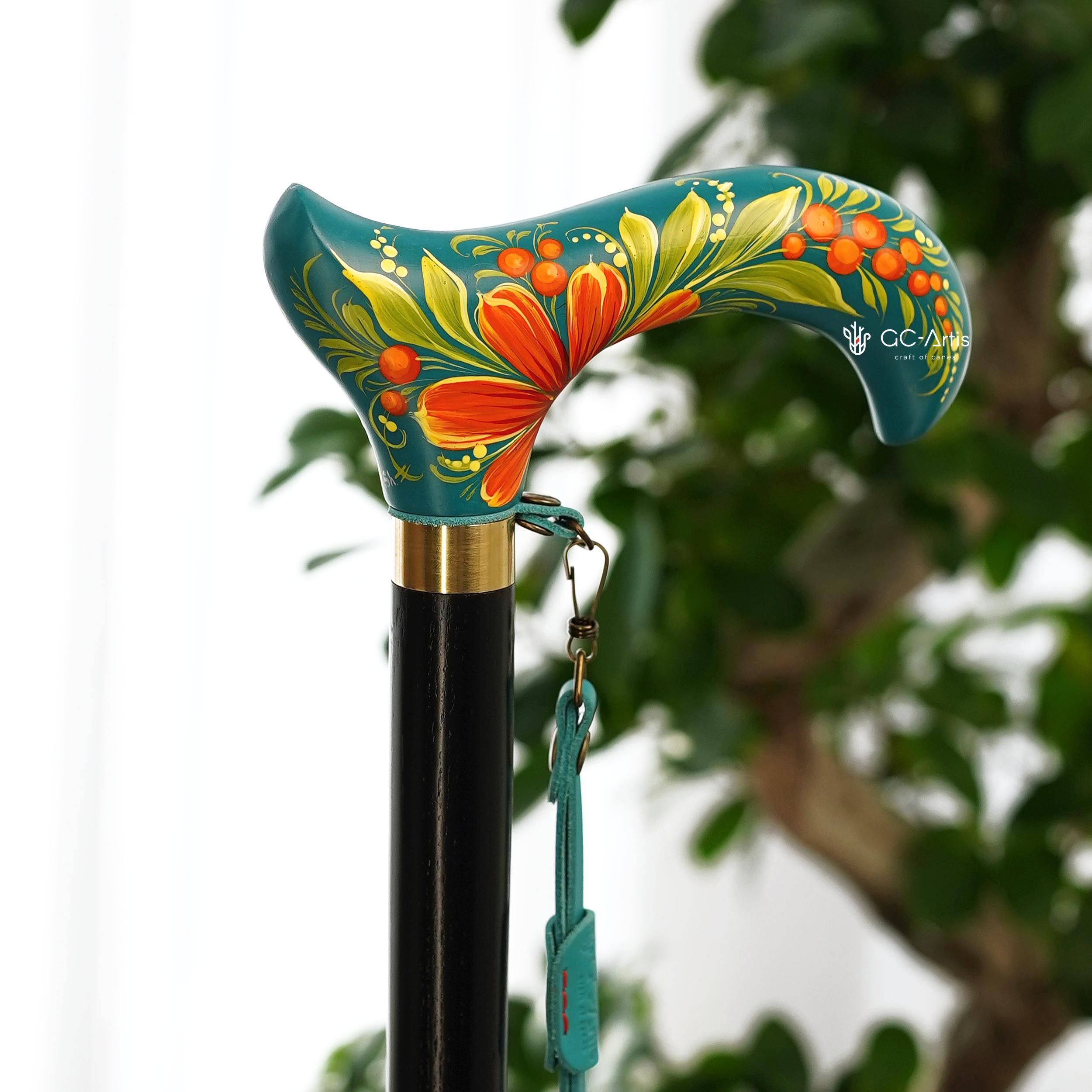 Hand-Painted Floral Walking Cane: Purple Marigold flowers, Marine Green Derby Handle - GCArtis - Flowered Ladies canes - 