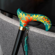 Hand-Painted Floral Walking Cane: Purple Marigold flowers, Marine Green Derby Handle - GCArtis - Flowered Ladies canes - 