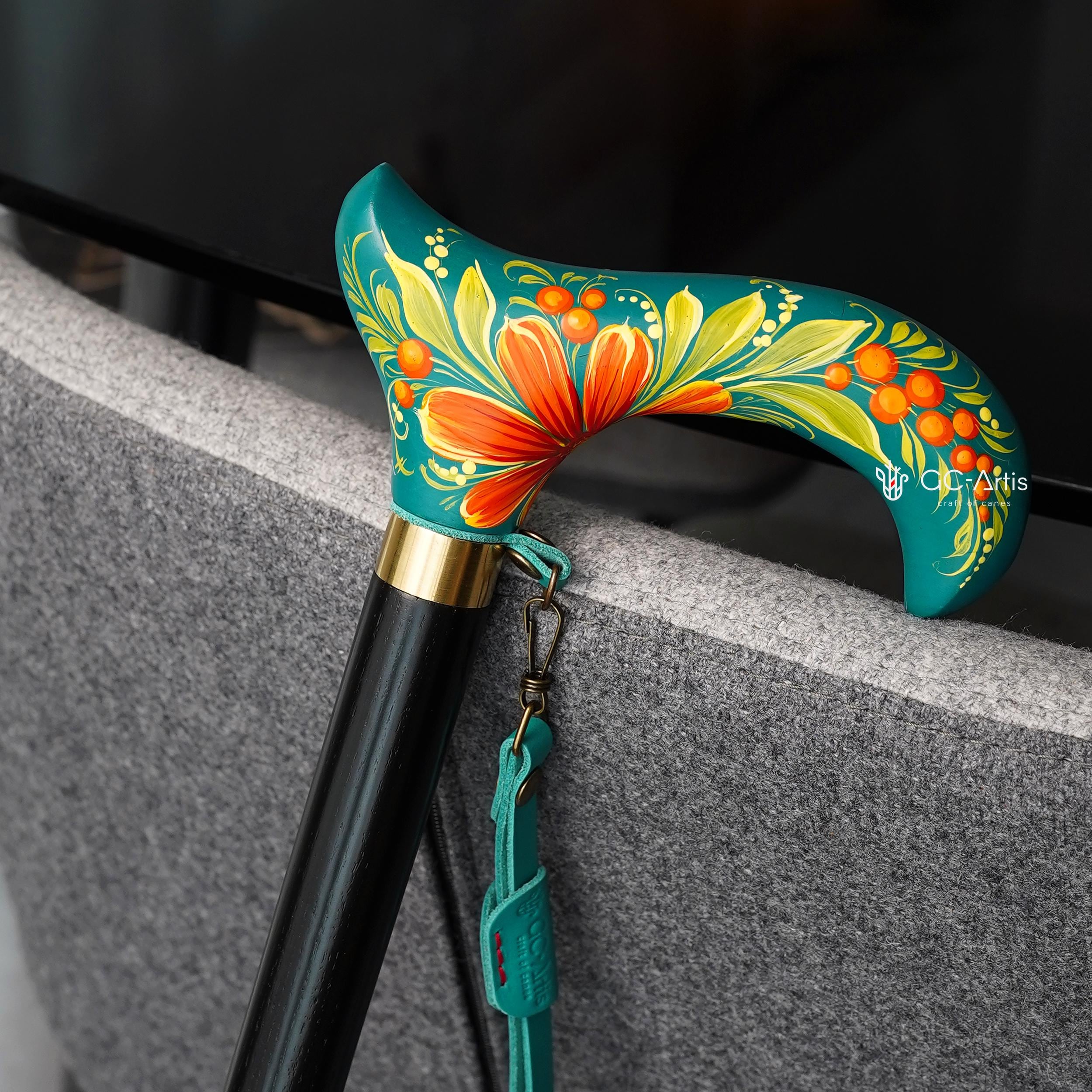 Hand-Painted Floral Walking Cane: Purple Marigold flowers, Marine Green Derby Handle - GCArtis - Flowered Ladies canes - 