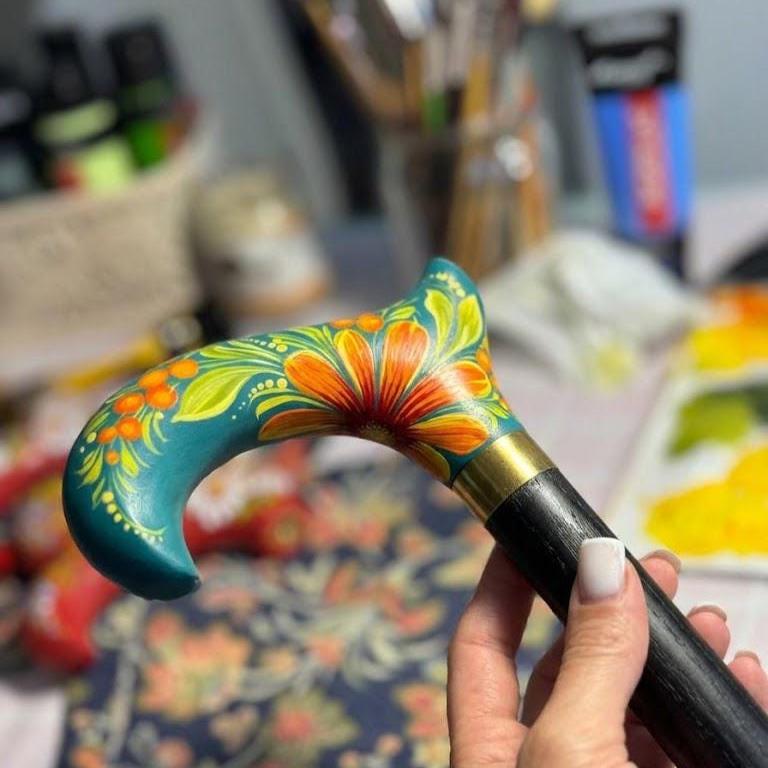 Hand-Painted Floral Walking Cane: Purple Marigold flowers, Marine Green Derby Handle - GCArtis - Flowered Ladies canes - 