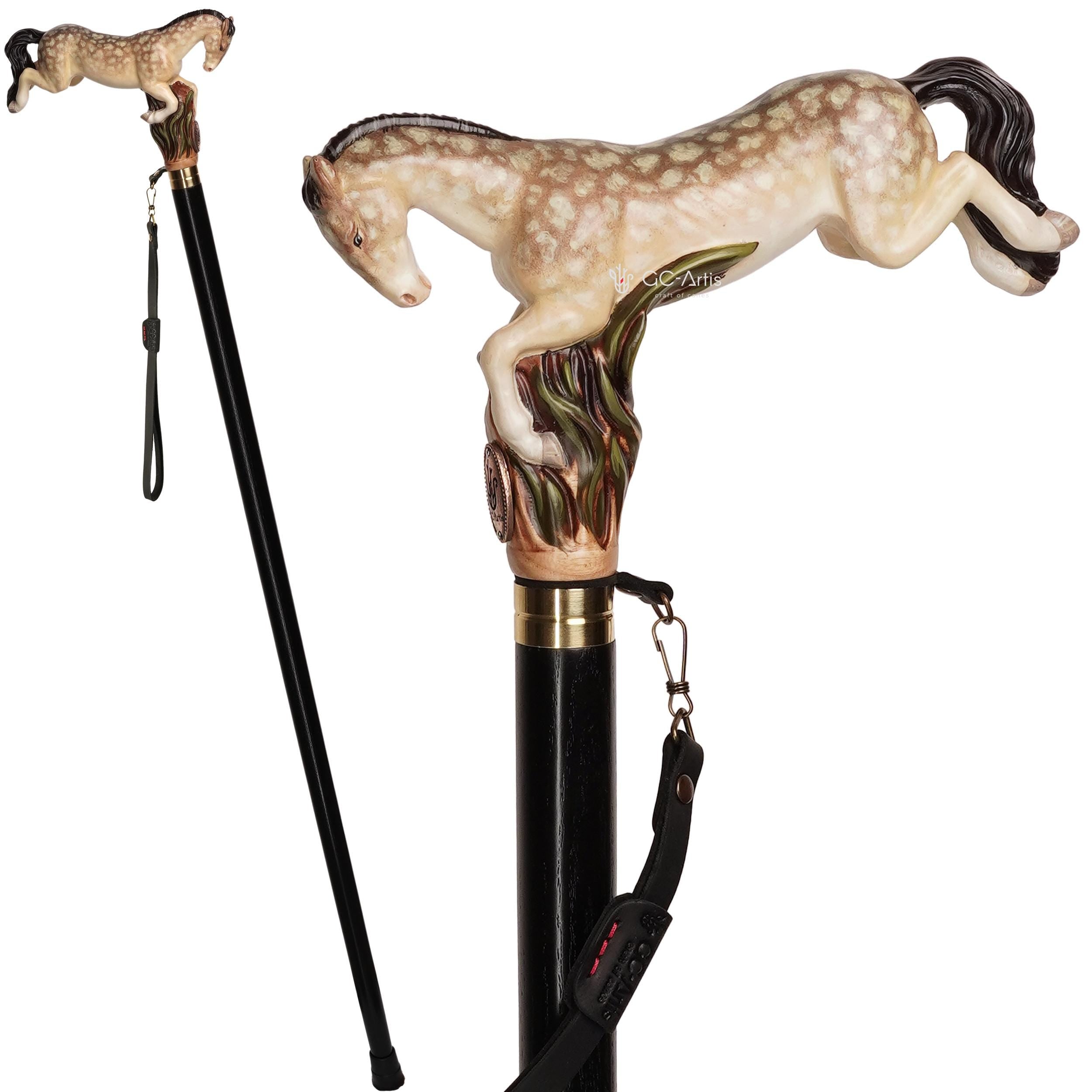 Galloping Champagne Dapple Gray Horse - Wooden Walking Cane Hand-Painted - GCArtis - Lux Hand Painted Canes - 
