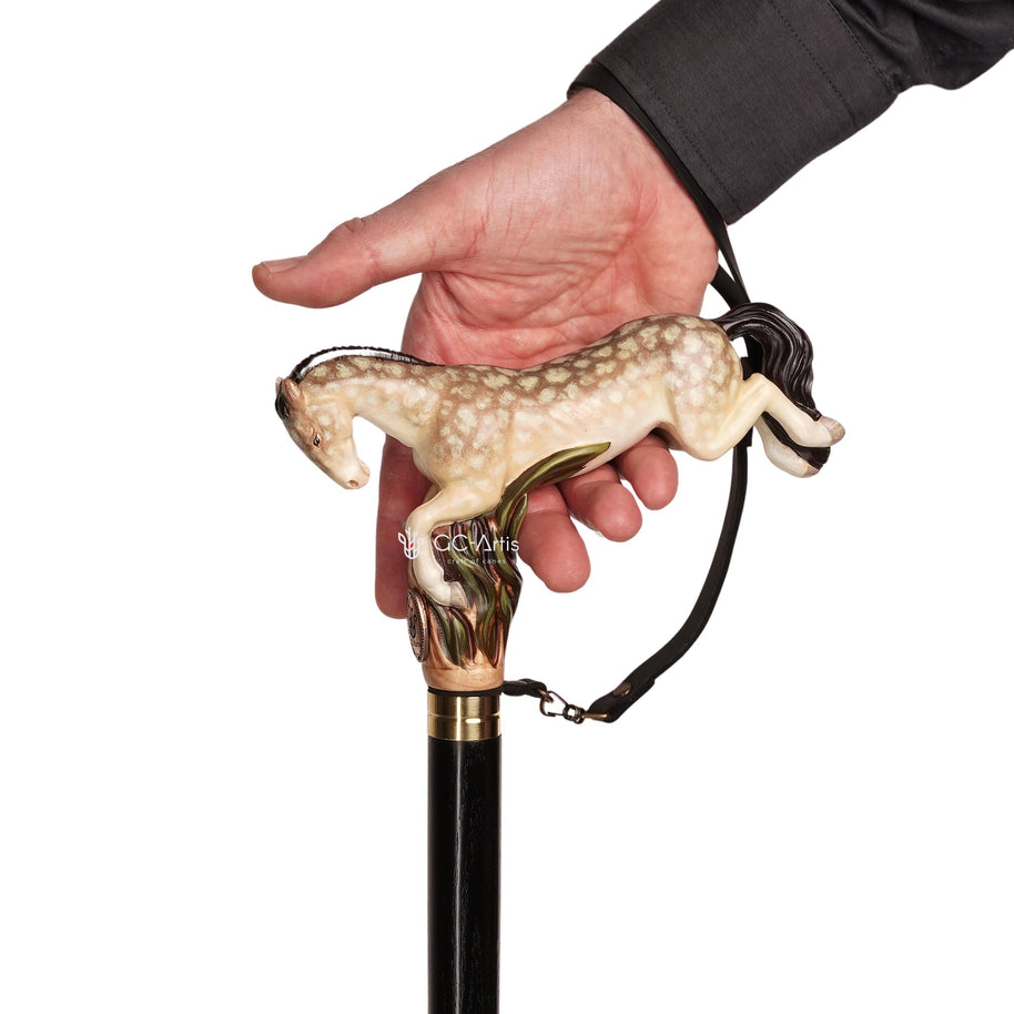 Galloping Champagne Dapple Gray Horse - Wooden Walking Cane Hand-Painted - GCArtis - Lux Hand Painted Canes - 