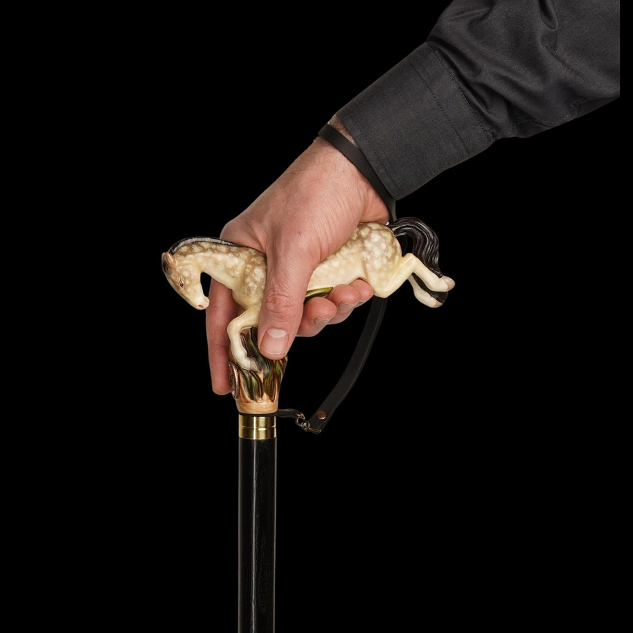 Galloping Champagne Dapple Gray Horse - Wooden Walking Cane Hand-Painted - GCArtis - Lux Hand Painted Canes - 