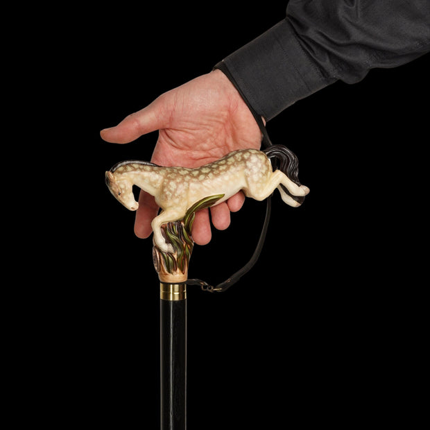 Galloping Champagne Dapple Gray Horse - Wooden Walking Cane Hand-Painted - GCArtis - Lux Hand Painted Canes - 