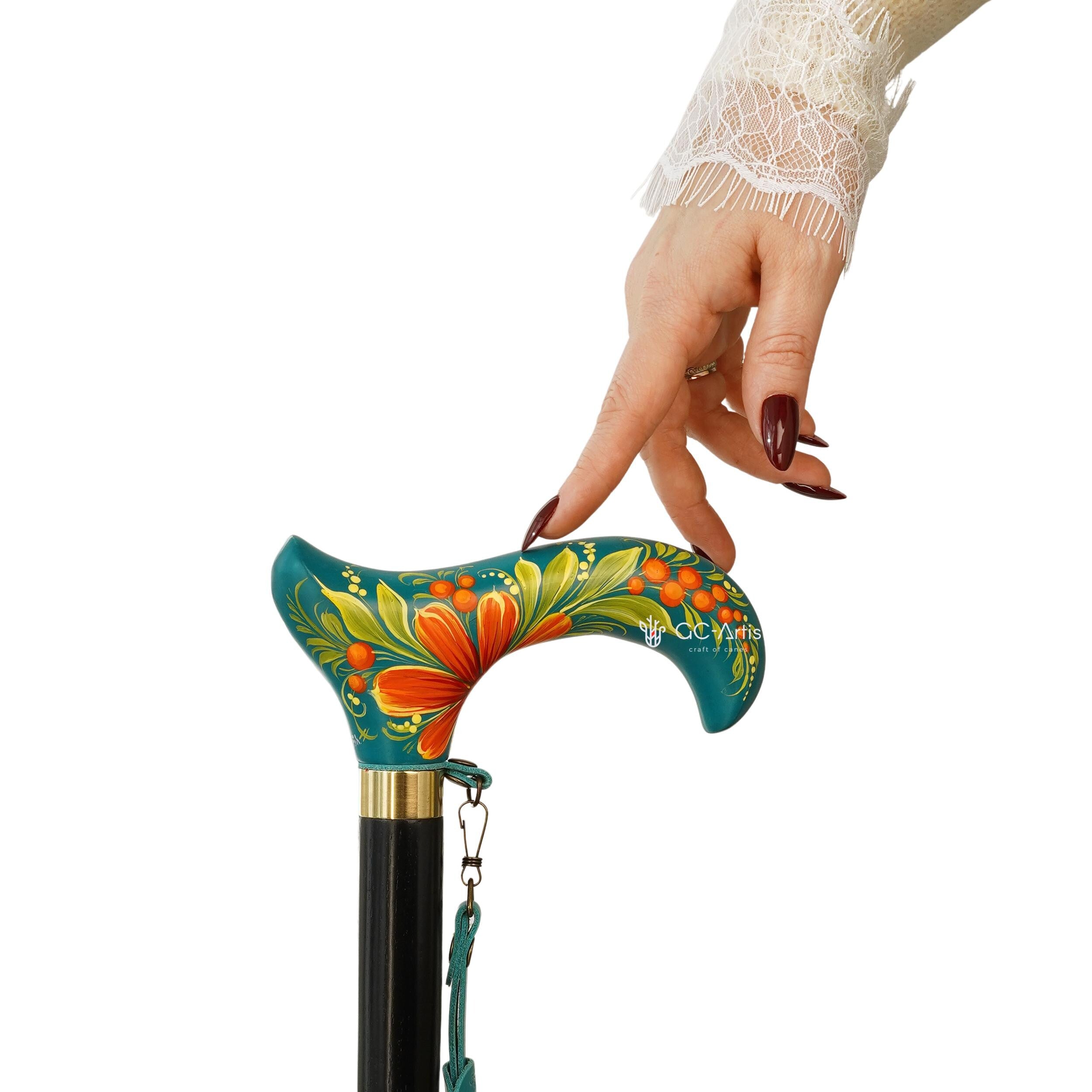 Hand-Painted Floral Walking Cane: Purple Marigold flowers, Marine Green Derby Handle - GCArtis - Flowered Ladies canes - 