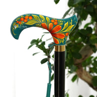Hand-Painted Floral Walking Cane: Purple Marigold flowers, Marine Green Derby Handle - GCArtis - Flowered Ladies canes - 