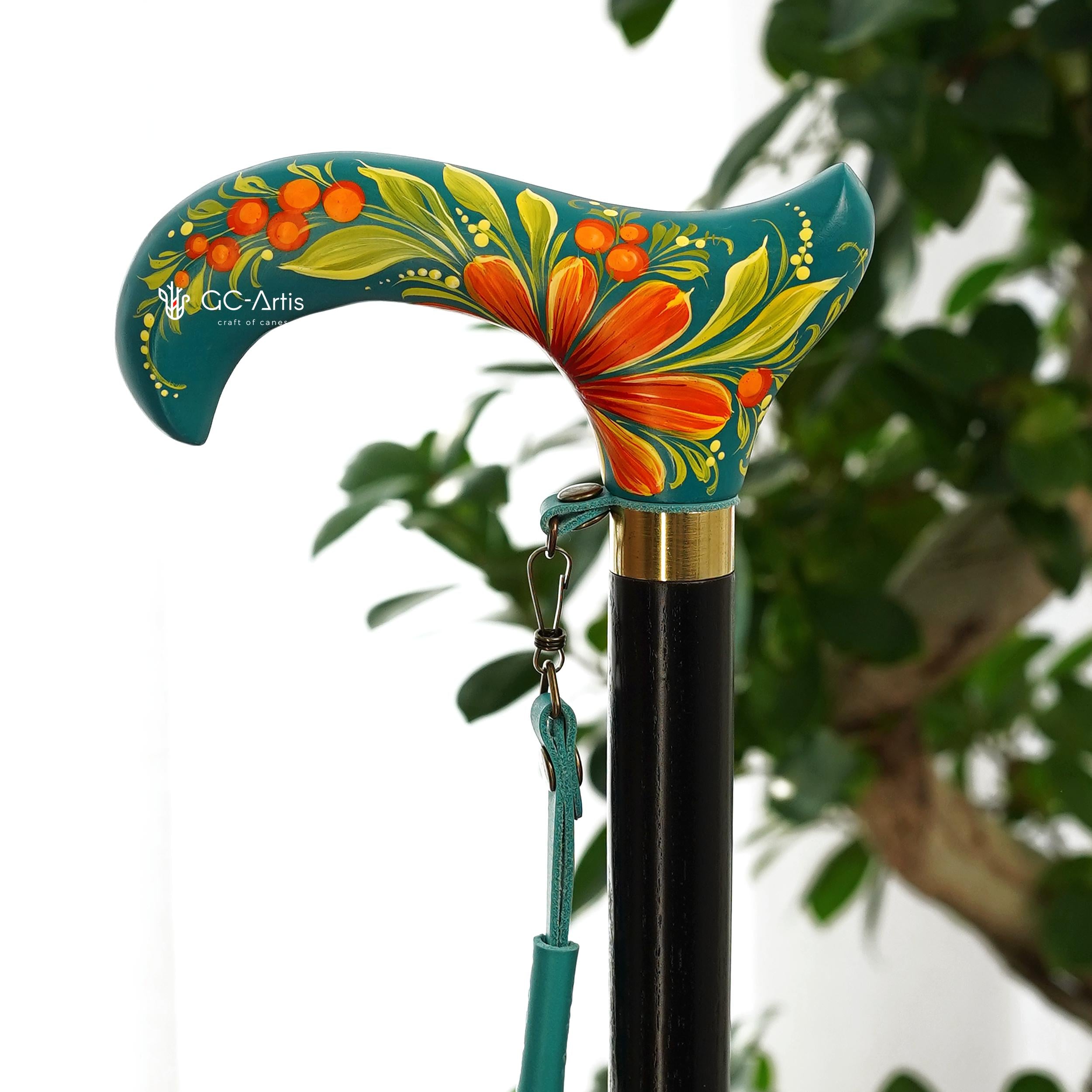 Hand-Painted Floral Walking Cane: Purple Marigold flowers, Marine Green Derby Handle - GCArtis - Flowered Ladies canes - 