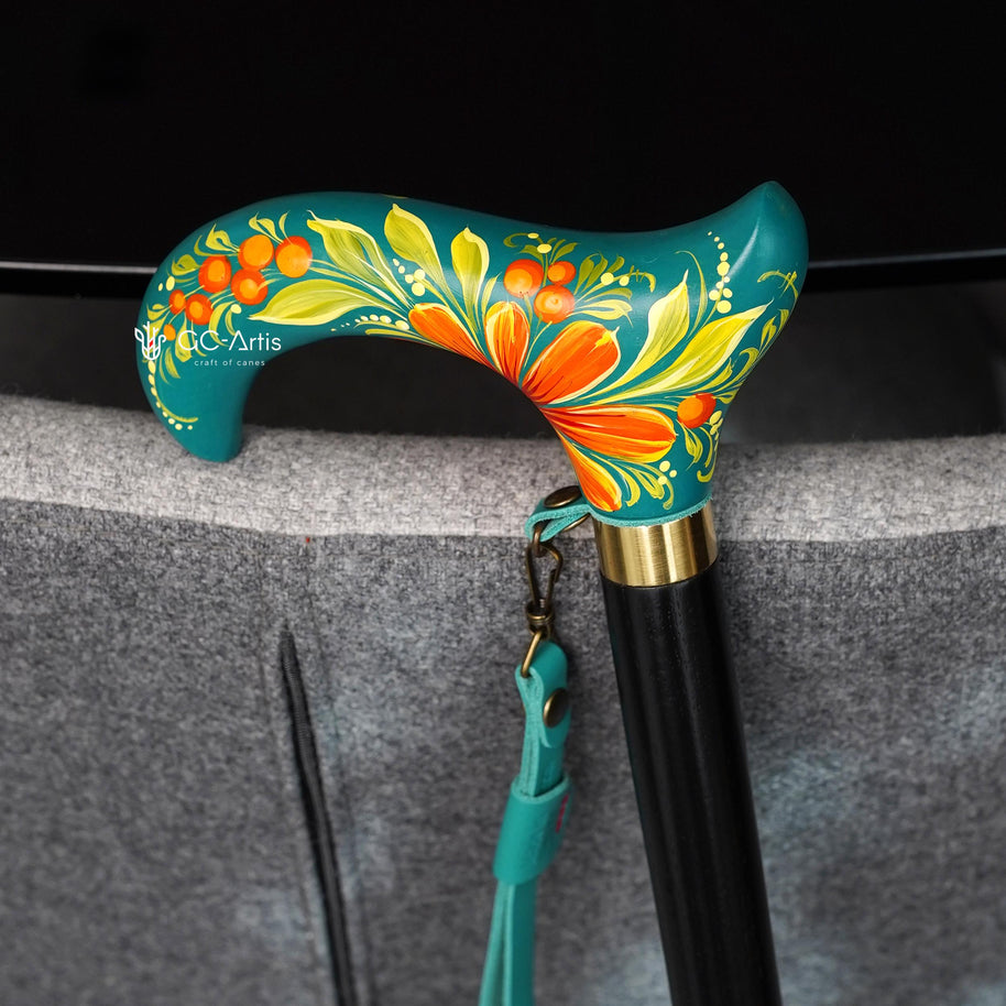 Hand-Painted Floral Walking Cane: Purple Marigold flowers, Marine Green Derby Handle - GCArtis - Flowered Ladies canes - 