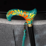 Hand-Painted Floral Walking Cane: Purple Marigold flowers, Marine Green Derby Handle - GCArtis - Flowered Ladies canes - 