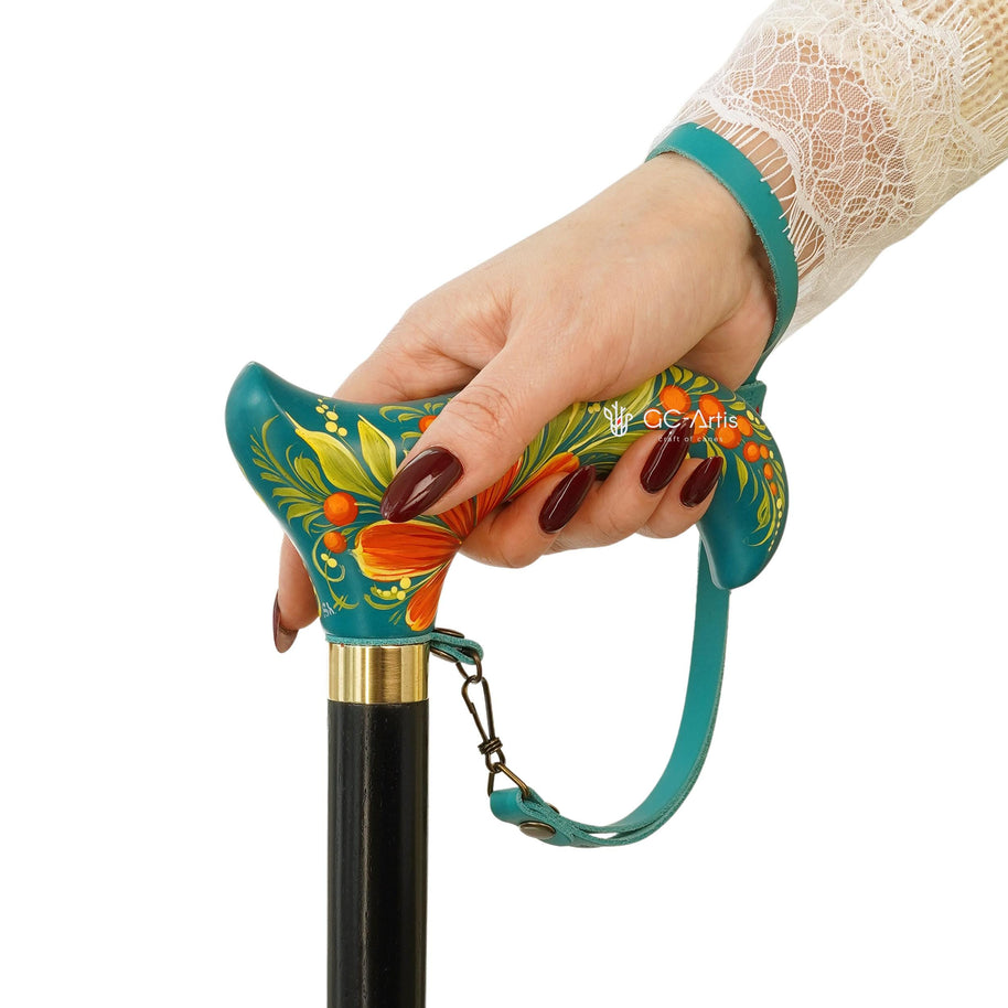 Hand-Painted Floral Walking Cane: Purple Marigold flowers, Marine Green Derby Handle - GCArtis - Flowered Ladies canes - 