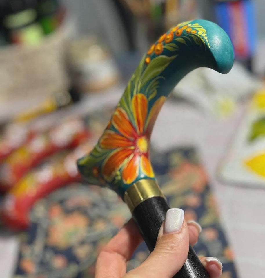 Hand-Painted Floral Walking Cane: Purple Marigold flowers, Marine Green Derby Handle - GCArtis - Flowered Ladies canes - 