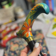 Hand-Painted Floral Walking Cane: Purple Marigold flowers, Marine Green Derby Handle - GCArtis - Flowered Ladies canes - 