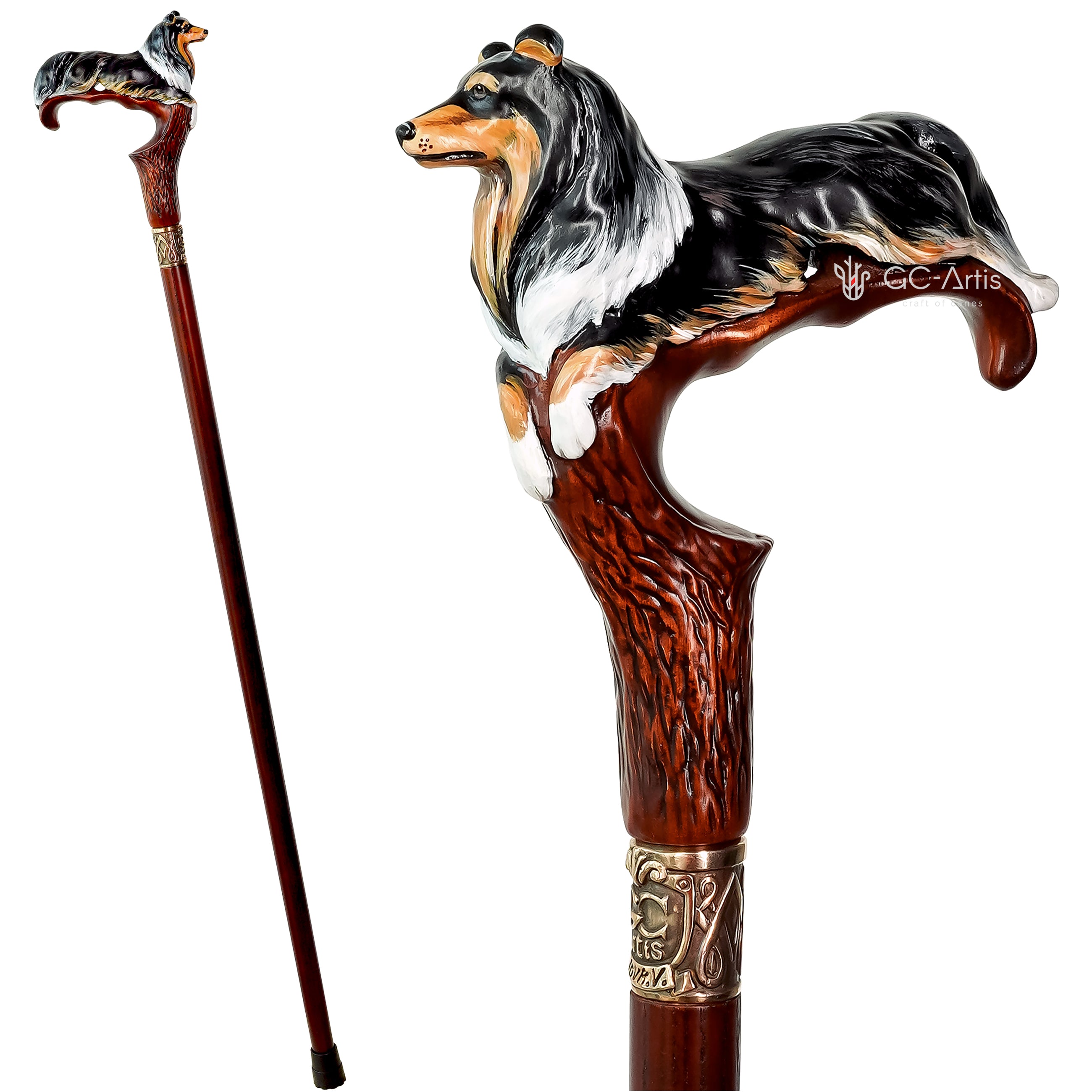 Hand painted Wooden Walking Stick Cane Collie Dog Black