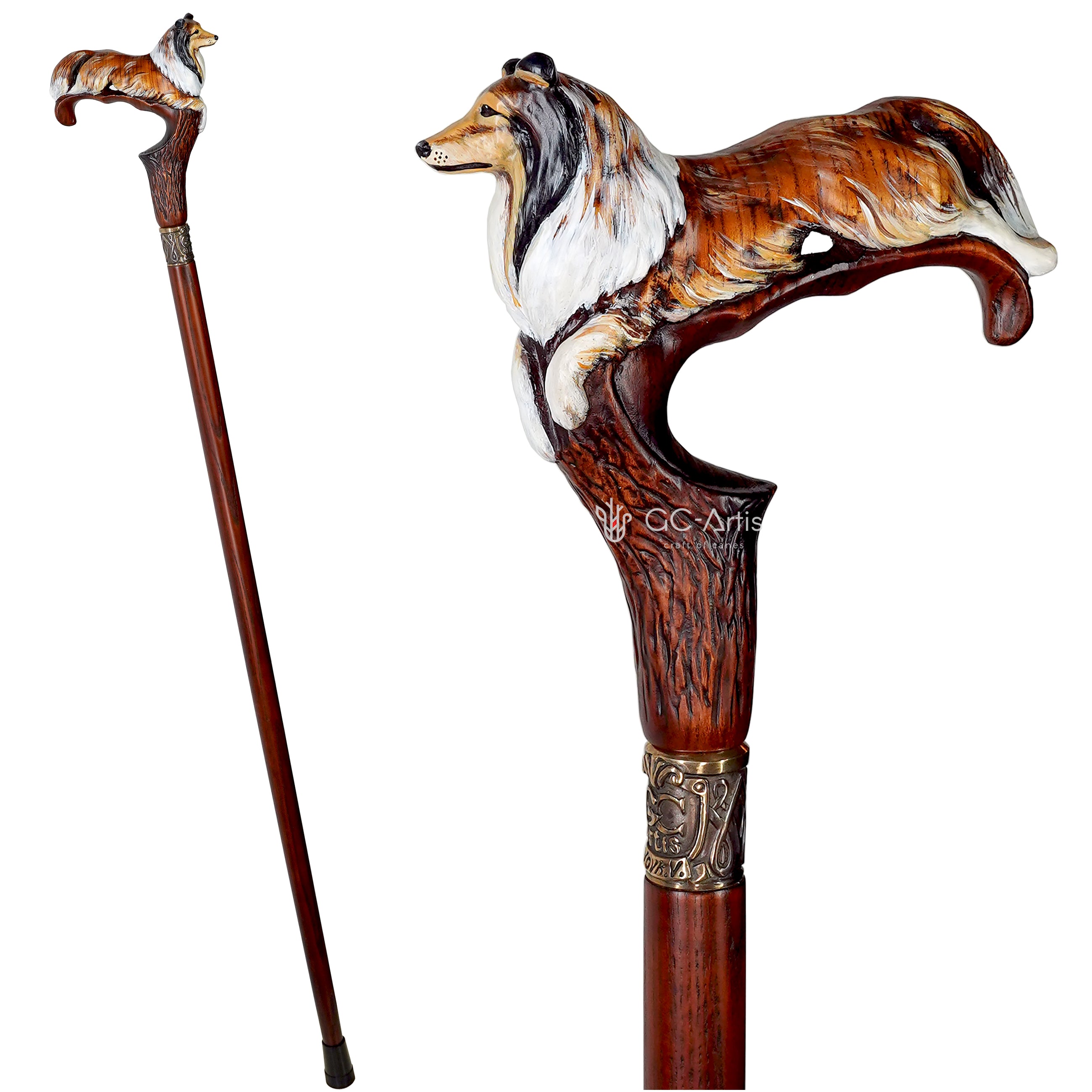 Hand painted Wooden Walking Stick Cane Scotland shepherd Sable