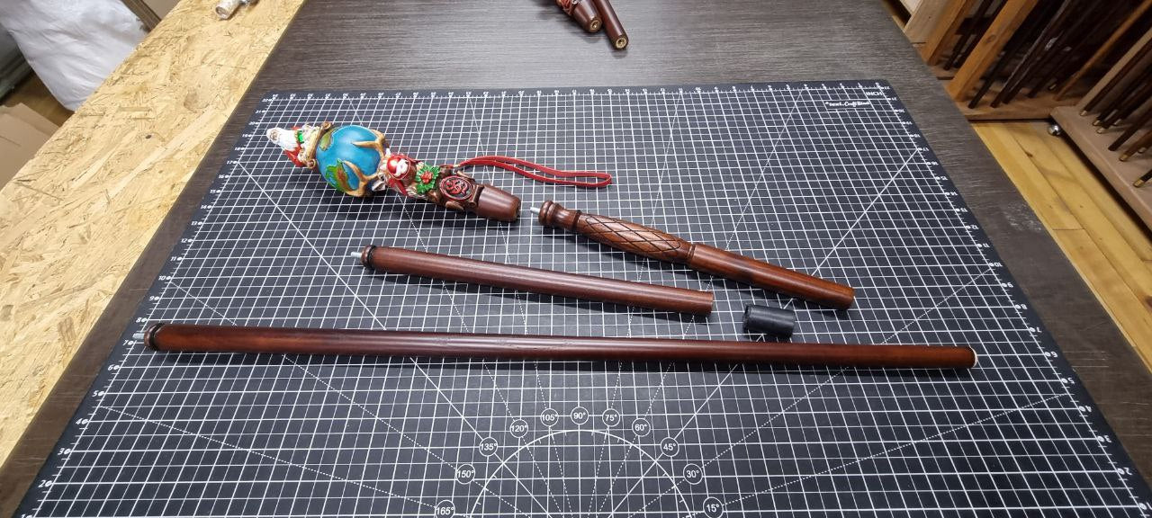 Wooden Walking Staff for Santa Claus wood carved with Reindeer Rudolph and baby Jesus