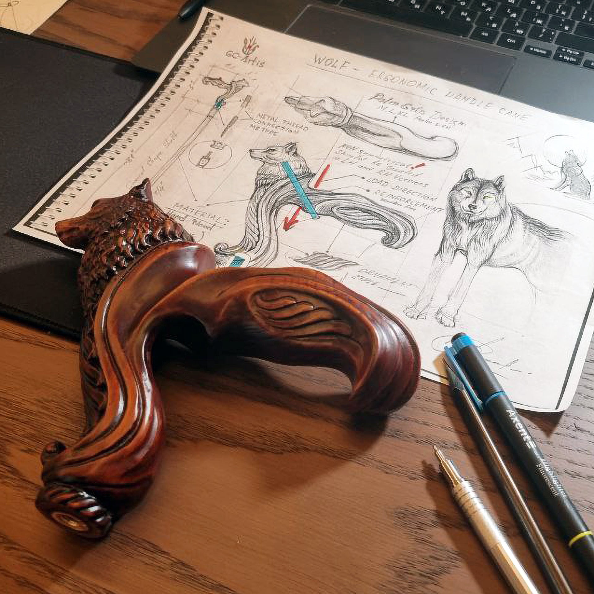 Wolf Wooden Walking Cane stick - Ergonomic Palm Grip Handle