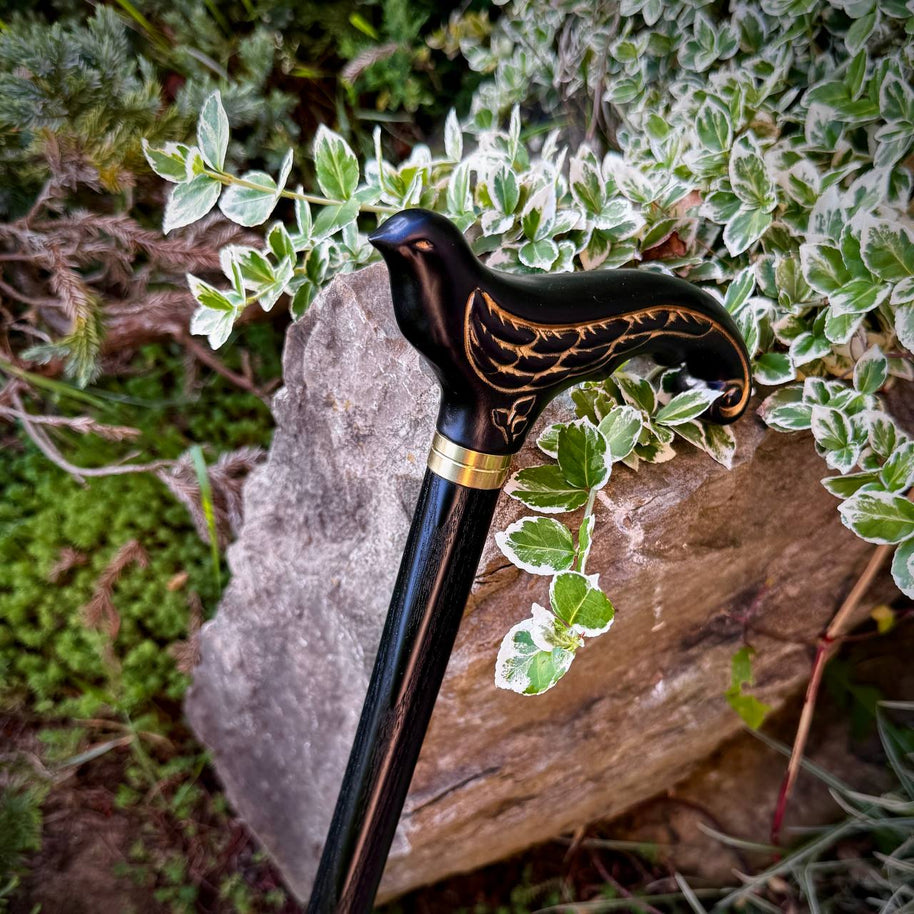 Canne de marche élégante en bois noir motif Hirondelle