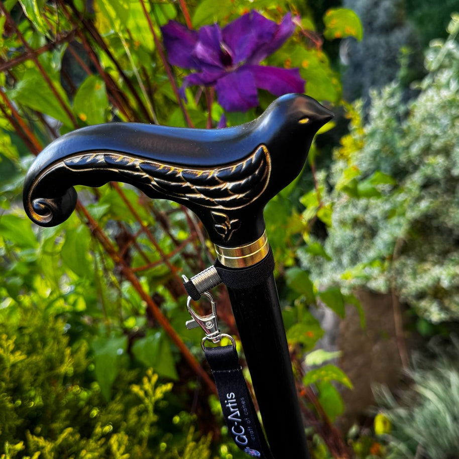 Canne de marche élégante en bois noir motif Hirondelle