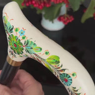 Hand-Painted Floral Walking Cane – Emerald Melody, Derby Handle