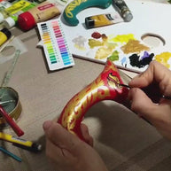 Celtic Walking Stick – Red Fire Hand Painted Wooden Cane, Brass decor, Derby Handle – 36