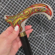 Celtic Raven Walking Stick – Hand Painted Wooden Cane, Brass decor, Derby Handle – 36