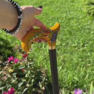 Hand-painted Walking Stick Cane with Bronze beetle - yellow derby handle, floral decoration, stylish gift