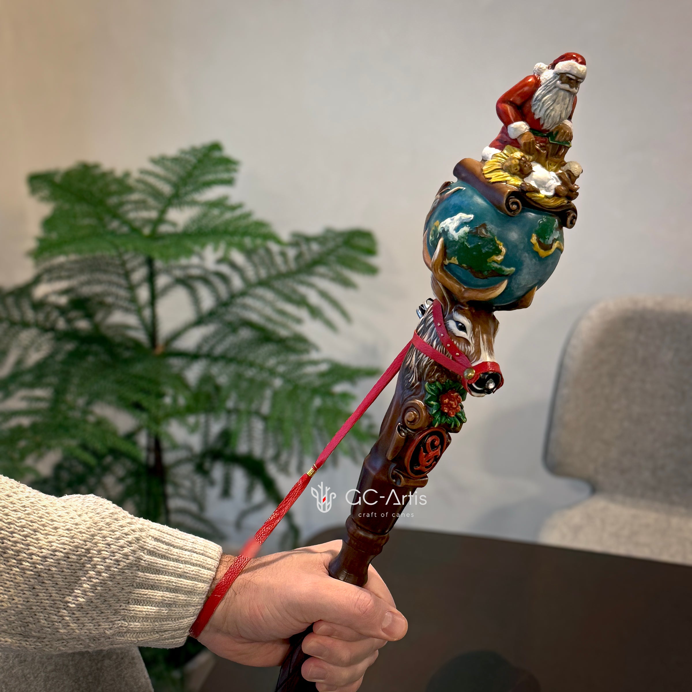 Wooden Walking Staff for Santa Claus wood carved with Reindeer Rudolph and baby Jesus