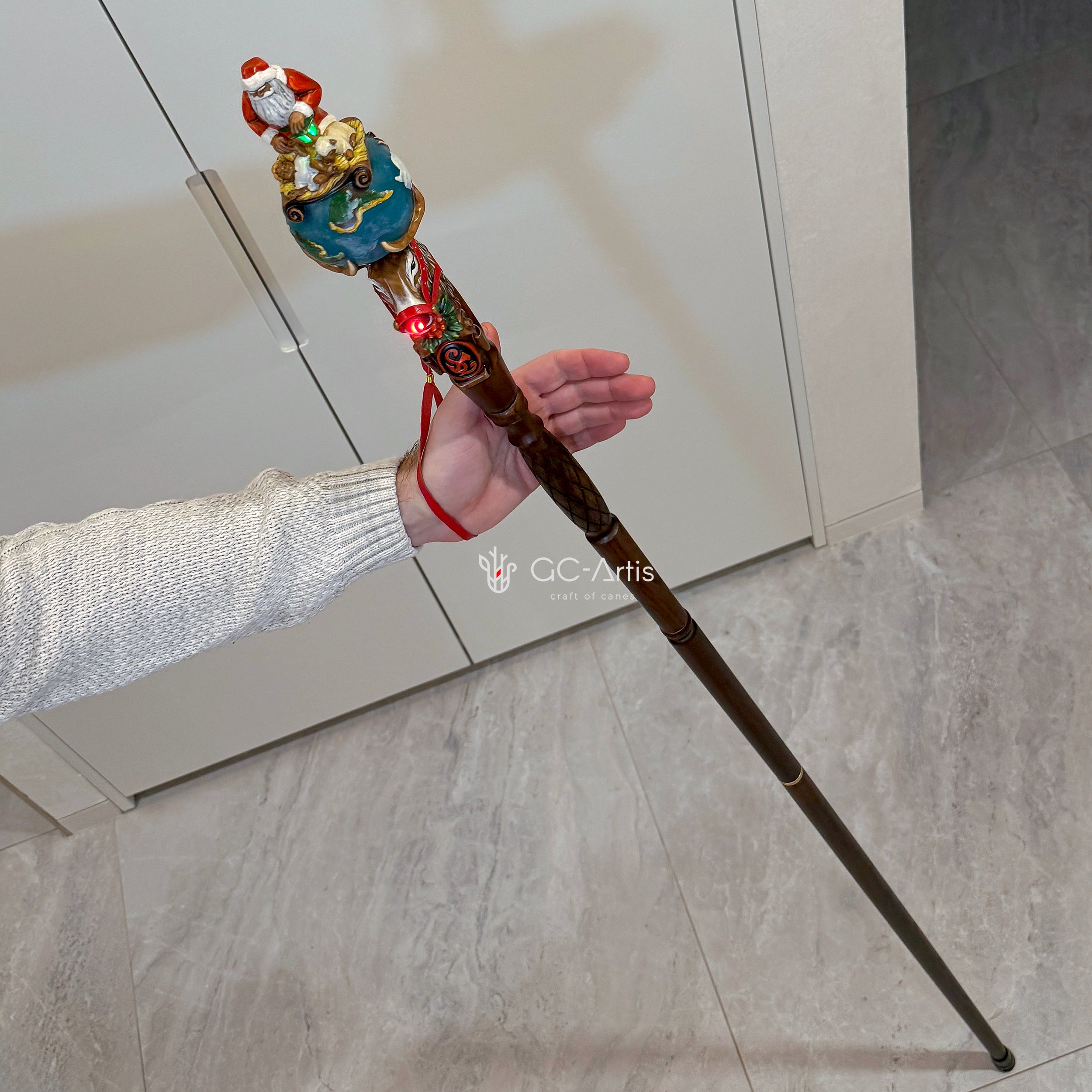 Wooden Walking Staff for Santa Claus wood carved with Reindeer Rudolph and baby Jesus