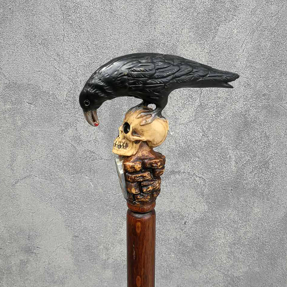 Canne de marche en bois CORBEAU NOIR & CRÂNE style Gothique